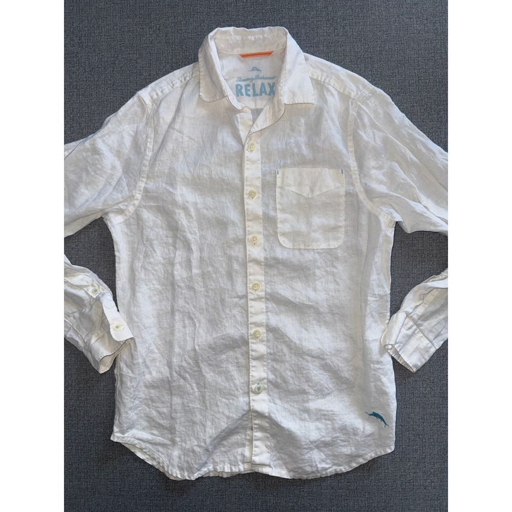 Tommy Bahama Relax Mens XS White 100% Linen Long Sleeve Button Down Shirt Marlin